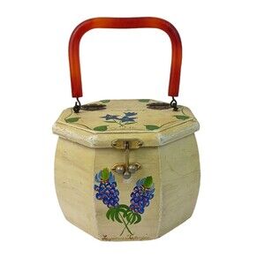 Vtg Octagon Wood Box Purse Handbag Hand Painted Texas Wild Flowers Bakelite OOAK